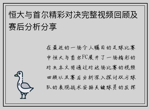 恒大与首尔精彩对决完整视频回顾及赛后分析分享